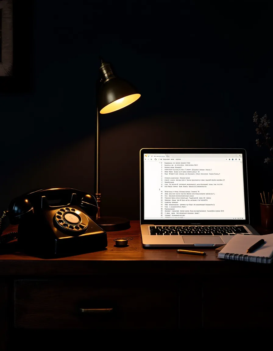 A black-and-brass rotary telephone on a walnut workbench beside a laptop glowing with a query plan, lit by a single brass lamp