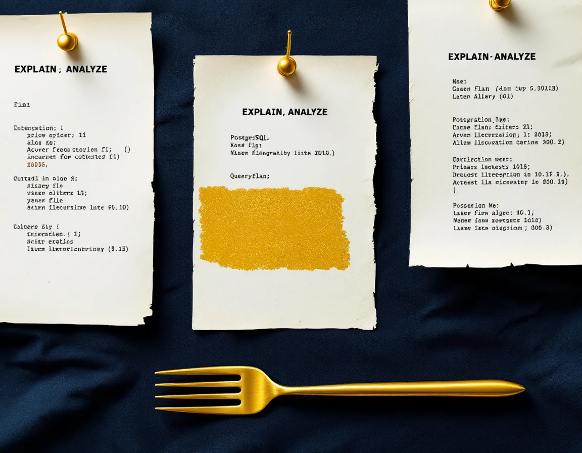 Printed query plans pinned to a navy board, one line highlighted in gold, with a tuning fork resting below