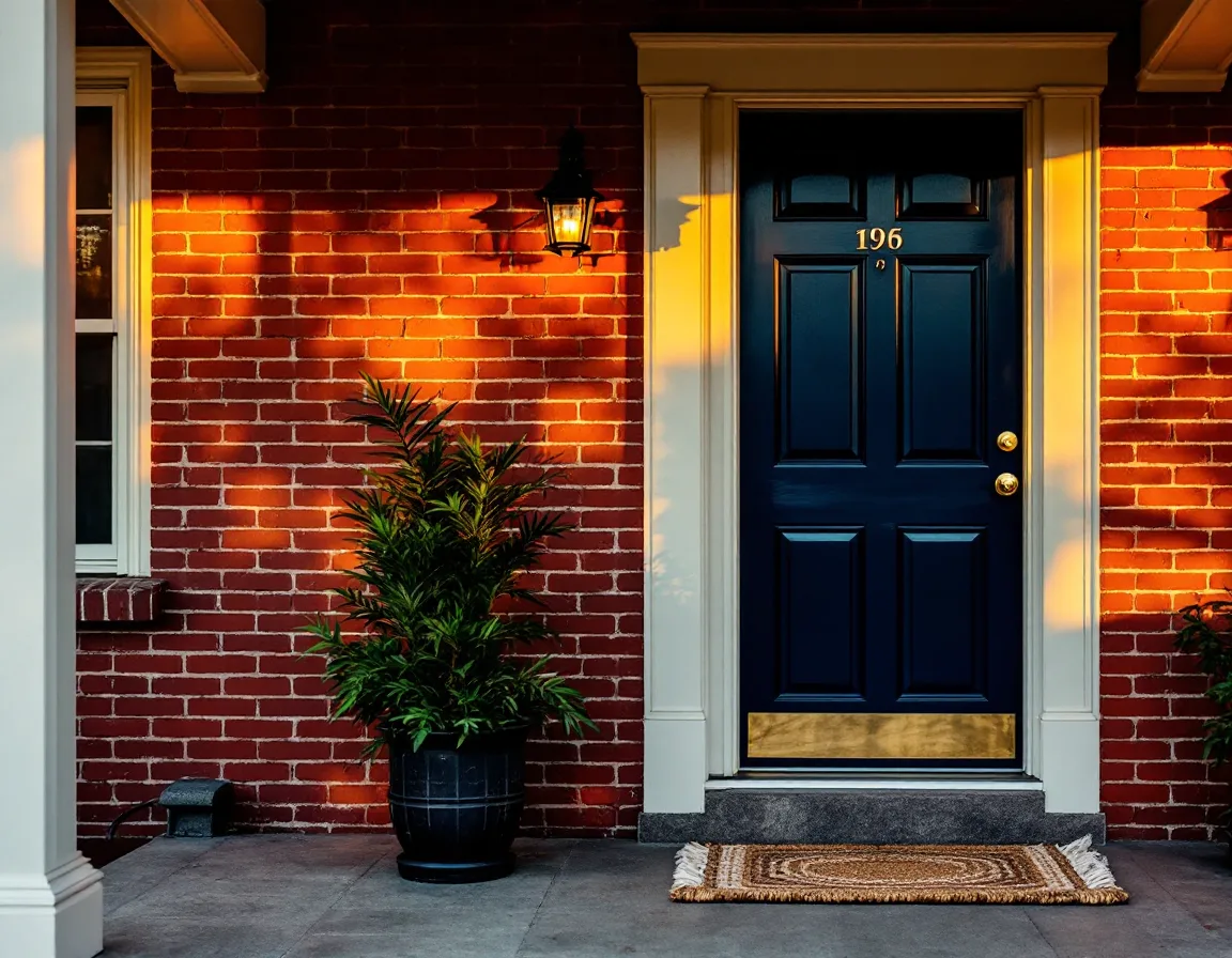 A navy front door with brass hardware on a brick bungalow porch in warm evening light
