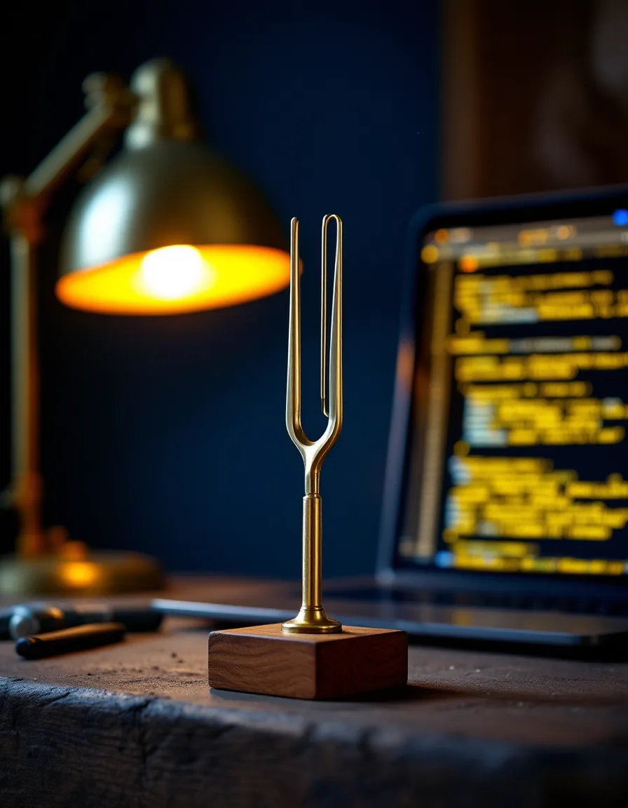 A struck brass tuning fork on a walnut bench, a laptop showing a query plan glowing behind it under a brass lamp