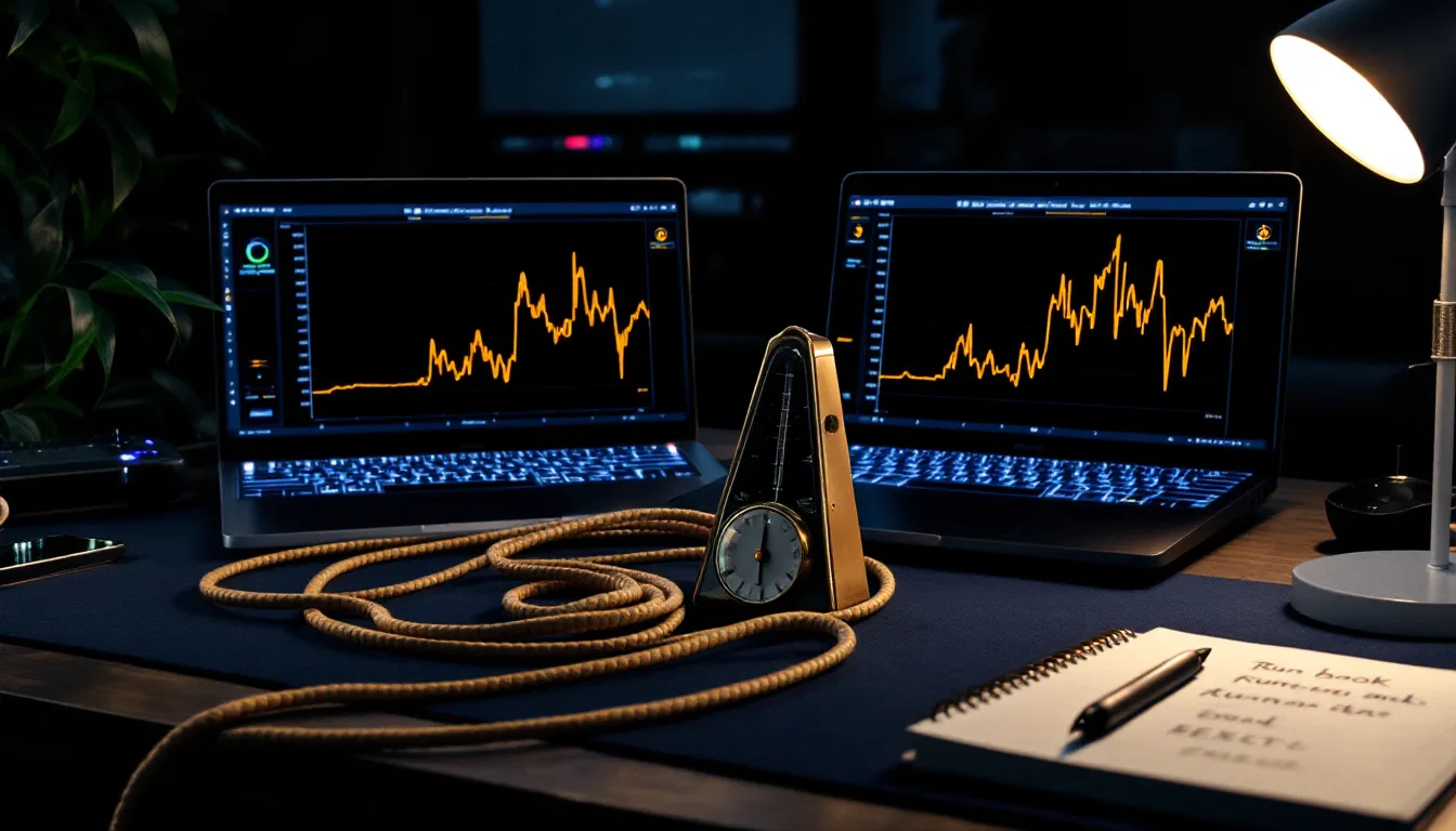 Two laptops showing flat replication-lag graphs with a brass metronome between them on a navy desk at night